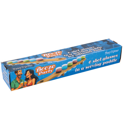Langwerpige blauwe doos van de 6 shotglaasjes in tray van Funny Fashion, met de serveerplank op de voorkant