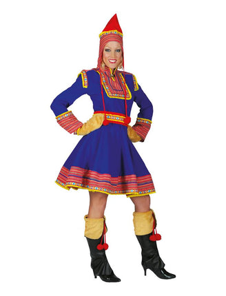 Laplander pak dames in blauw met rood-gele sierbanden, punthoed en laarsovertrekken voor carnaval