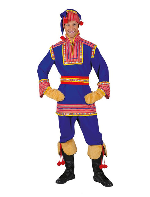 Laplander pak heren in kobaltblauw met rood-gele sierbanden, puntmuts en laarsovertrekken voor carnaval