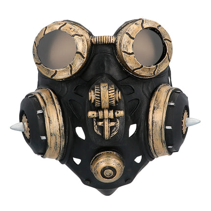 Latex gezichtsmasker Gas master vooraanzicht met tandwieldetail en twee filterbussen met punt