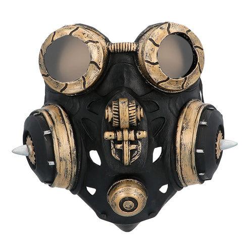 Latex gezichtsmasker Gas master vooraanzicht met tandwieldetail en twee filterbussen met punt