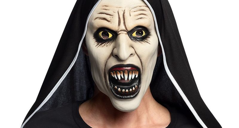 Latex gezichtsmasker Screaming nun met bleek gezicht, gele ogen en zwarte kap voor Halloween