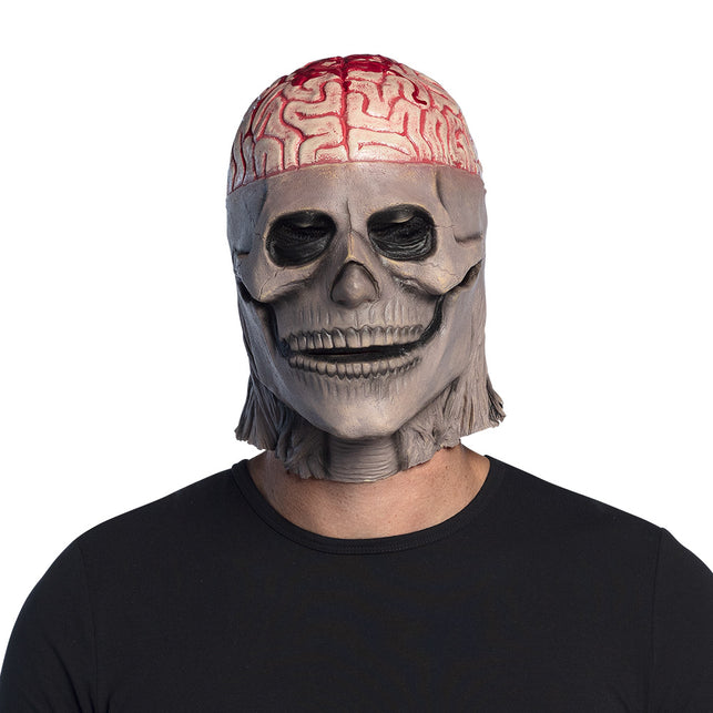 Latex hoofdmasker Brain skull op model, grijze schedel met bloedrode blootliggende hersenen voor Halloween