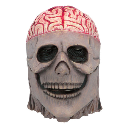 Latex hoofdmasker Brain skull van voren, donkere oogkassen en grijnzende tandenrij in grijsbeige latex