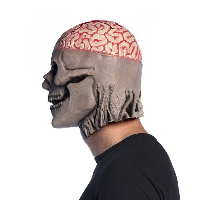 Latex hoofdmasker Brain skull zijkant met hersenreliëf en grijs halsstuk over de nek