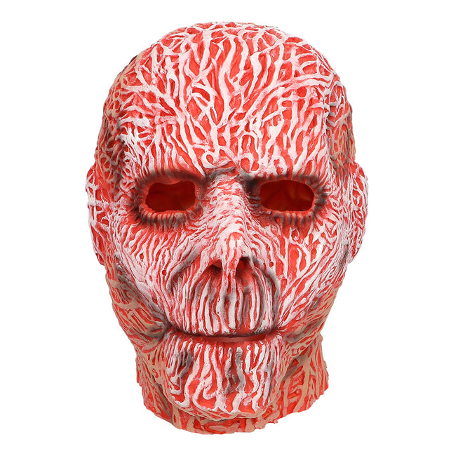 Latex hoofdmasker Creep vooraanzicht met rood-wit aderpatroon en open oogholtes voor Halloween