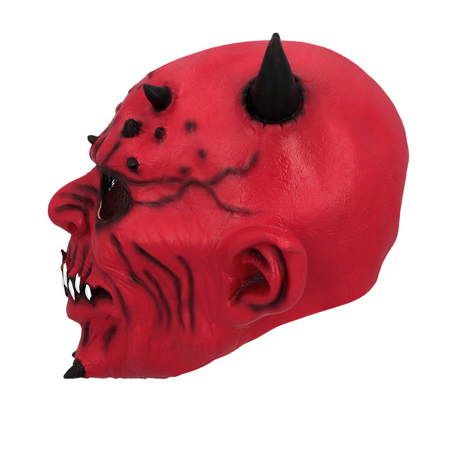 Latex hoofdmasker Creepy devil van de zijkant met zwarte hoorn op de schedel en zwarte rimpellijnen
