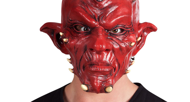 Latex hoofdmasker duivel deluxe in dieprood met drie horens, puntoren en benige stekels, voor Halloween