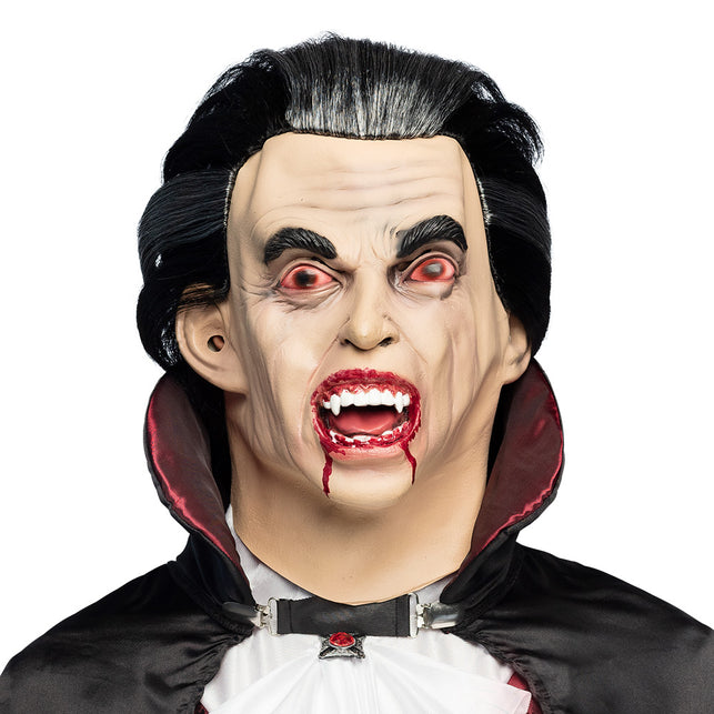 Latex hoofdmasker Graaf Vamp met bleek gezicht, rode ogen en hoektanden voor Halloween
