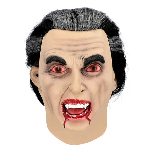 Latex hoofdmasker Graaf Vamp vooraanzicht met open mond, witte hoektanden en bloedspoor