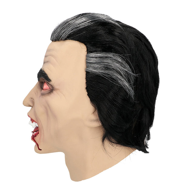 Latex hoofdmasker Graaf Vamp van de zijkant met achterovergekamd zwart haar met grijze strepen