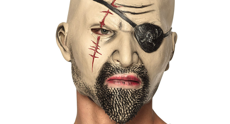 Latex hoofdmasker piraat met zwarte ooglap, rode littekens en donkere baard voor heren