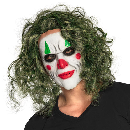Latex hoofdmasker De Schurk met wit clownsgezicht, rode lach en groene krullen voor Halloween