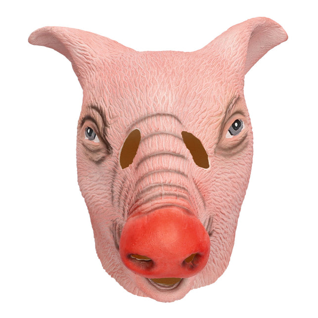 Latex hoofdmasker varken vooraanzicht met geribbelde snuit, neusgaten en ooguitsparingen