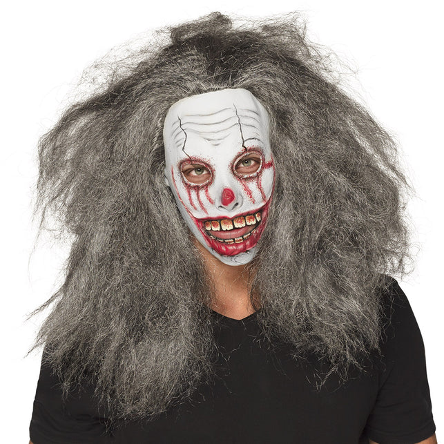 Latex hoofdmasker zombieclown met wit gezicht, bloedsporen en lang grijs haar voor Halloween