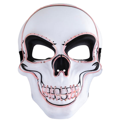 Led masker doodskop wit van pvc met zwarte belijning en lichtdraad langs ogen en tanden