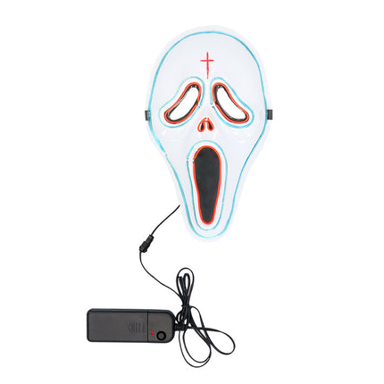 LED masker Spook wit in een andere lichtstand met lichtblauwe rand en rode lijnen rond het gezicht