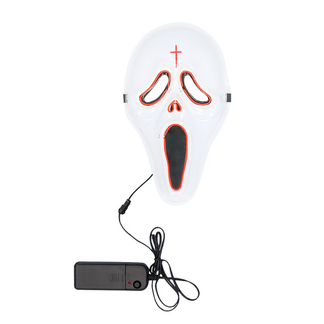 LED masker Spook wit vooraanzicht met rode lichtlijnen rond ogen, neus en mond en batterijkastje aan een snoer
