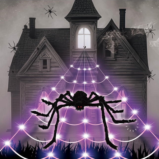 Led spinnenweb van 5 meter met violette lampjes en grote zwarte harige spin aan een spookhuis, Halloween decoratie