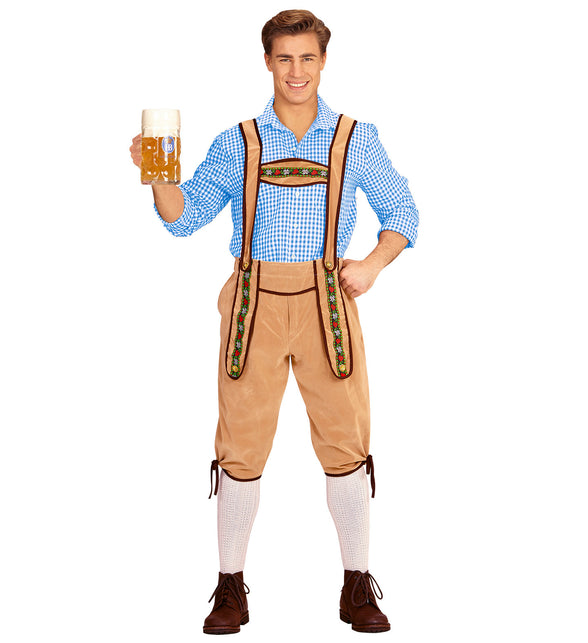 Lederhose Beiers beige met bruine biezen en bloemensierband op de bretels voor Oktoberfest