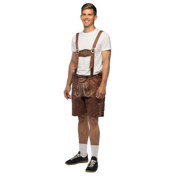 Lederhose Fritz heren bruin, knielange Tiroler broek met witte borduursels voor Oktoberfest
