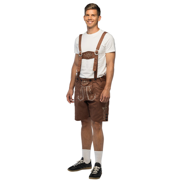 Lederhose Fritz heren bruin, knielange Tiroler broek met witte borduursels voor Oktoberfest