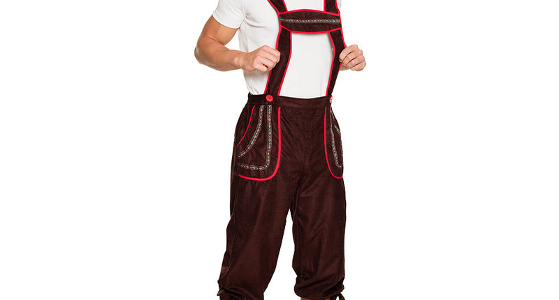 Lederhose Klaus heren bruin met rode biezen en vaste bretels, driekwart model voor Oktoberfest
