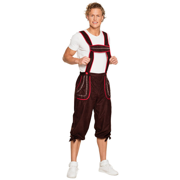Lederhose Klaus heren bruin met rode biezen en vaste bretels, driekwart model voor Oktoberfest