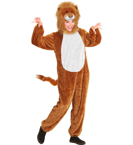 Leeuwen kostuum Lou op dame, lange bruine pluche jumpsuit met witte buikpartij voor een dierenfeest