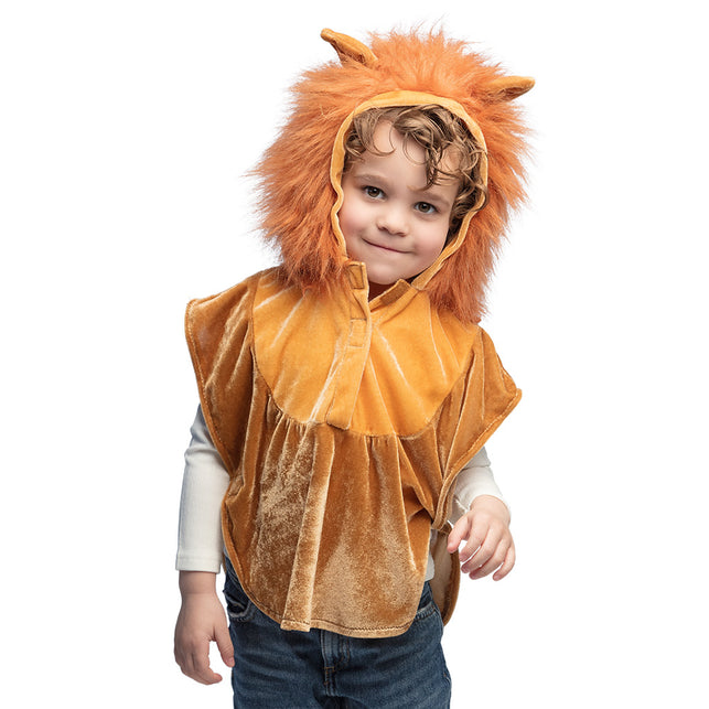 Leeuwenponcho kind in bruinoranje fluweel met capuchon met manen en oortjes, voor een dierenthemafeest