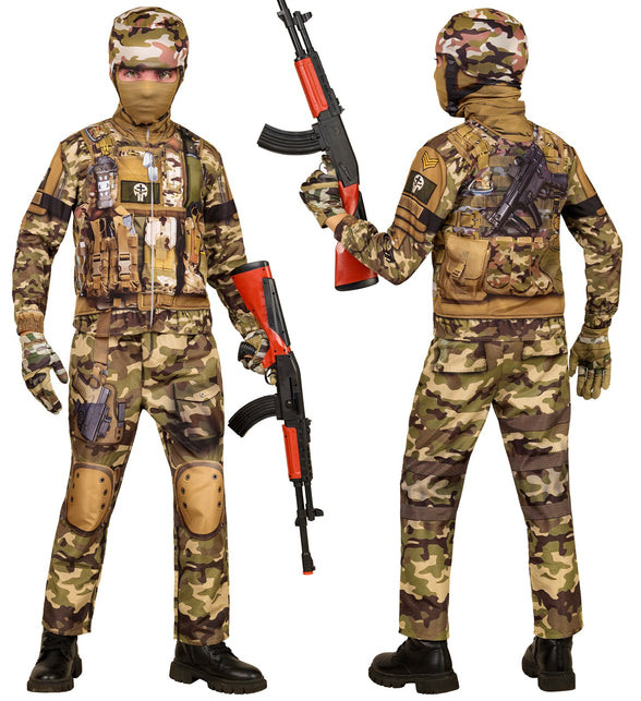 Legerpak voor kinderen met camouflagejas, broek met knielappen en masker over het hoofd