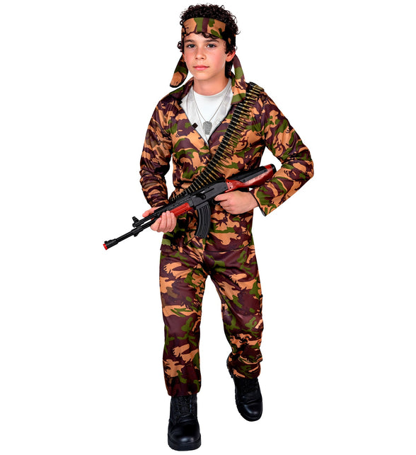 Legerpak Special force Glen kind met camouflagejas, broek, riem en hoofdband voor carnaval