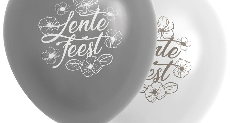 Lentefeest ballonnen grijs en wit met bloemenopdruk, latex van 30 cm