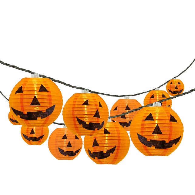 Lichtslinger 10 pompoenen met oranje lampions en zwarte grijnsgezichten, brandend warm ledlicht voor Halloween