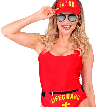 Lifeguard baywatch set voor dames met rode zonneklep en heuptas op de heup