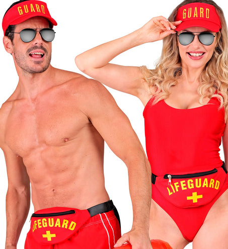 Lifeguard baywatch set gedragen door man en vrouw op een strandfeest