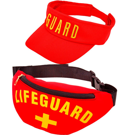 Lifeguard baywatch set met rode zonneklep GUARD en rode heuptas met geel kruis