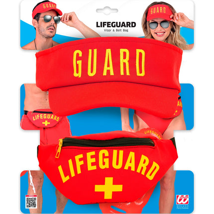 Lifeguard baywatch set op verpakking met zonneklep en heuptas met rits