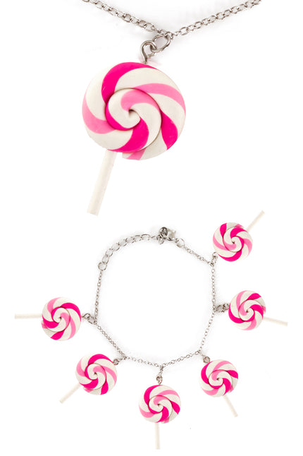Lollipop armband met zes roze-witte snoepbedeltjes aan een zilverkleurige schakelketting