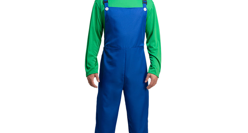 Luigi kostuum volwassenen met groen shirt, blauwe tuinbroek met witte knopen en groene pet voor carnaval