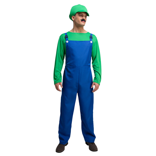 Luigi kostuum volwassenen met groen shirt, blauwe tuinbroek met witte knopen en groene pet voor carnaval