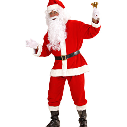 Luxe kerstmanpak heren van voren met witte baard, pruik en rode punthoed met pompon
