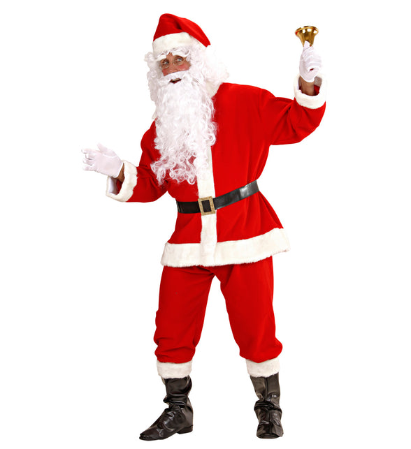 Luxe kerstmanpak heren van voren met witte baard, pruik en rode punthoed met pompon