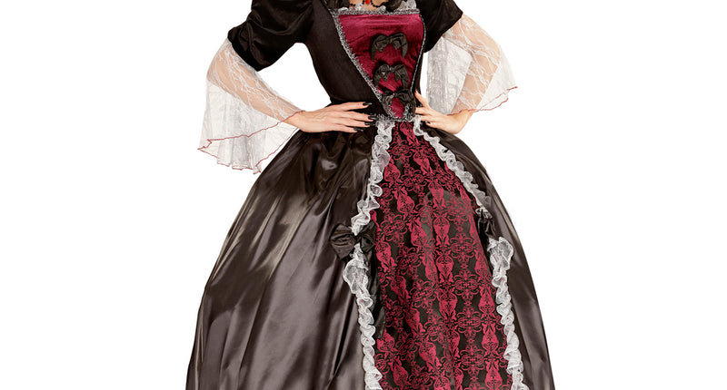 Luxe vampier jurk dames Barones in zwart en bordeaux met jacquardpaneel en kanten mouwen voor Halloween