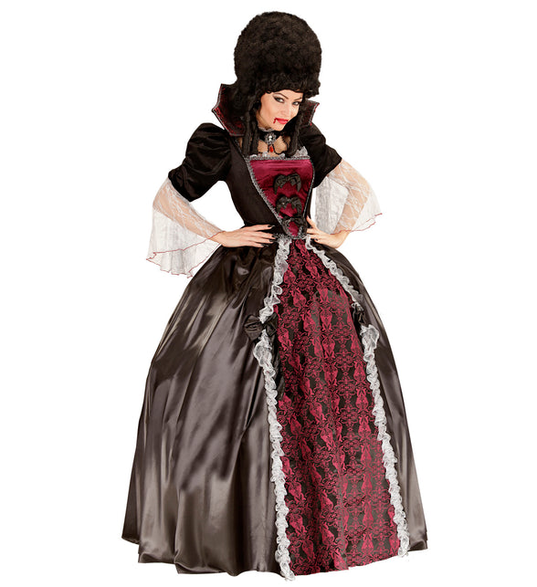 Luxe vampier jurk dames Barones in zwart en bordeaux met jacquardpaneel en kanten mouwen voor Halloween