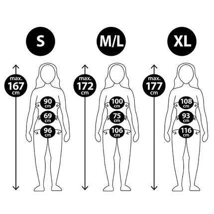 Maatoverzicht bruidskostuum: maat S tot 167 cm, M-L tot 172 cm en XL tot 177 cm lengte