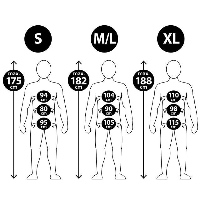 Maattabel kerstmanpak met lichaamslengte 175, 182 en 188 cm voor S, M/L en XL