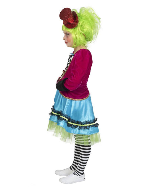Mad Hatter pak meisje van de zijkant, blauwe rok met groene tule onderlaag en zwarte kant