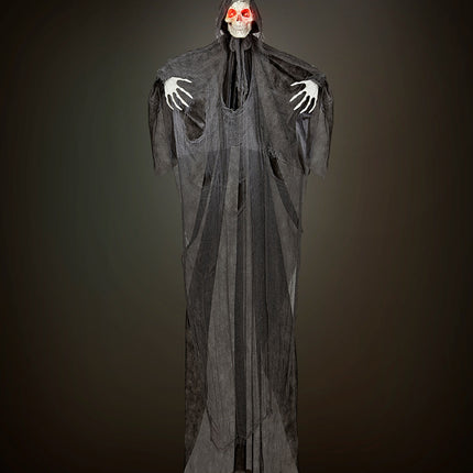Magere Hein decoratie 240cm hangend in het donker met rode ledogen, voor Halloween