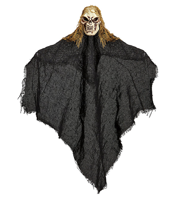 Magere Hein decoratie 50cm met zwart rafelig gewaad en beige schedelkop voor Halloween